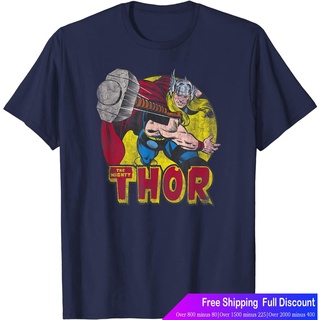 เสือยืดผู้ชาย เสื้อบอดี้โ Marvel Mighty Thor Hammer Throw Vintage T-Shirt Marvel Mens