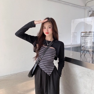 🍀B-088🍀 เซ็ตเสื้อสองชิ้น สายเดี่ยวคล้องคอทรงสามเหลี่ยม และเสื้อคลุมคาร์ดิแกนสไตล์น่ารัก 🍊𝓑𝓻𝓪𝔀𝓱𝓸𝓵𝓮𝓼𝓪𝓵𝓮🍊