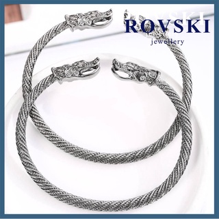 Rovski แฟชั่นเกาหลี พร้อมส่ง เครื่องประดับ ย้อนยุค นอร์ดิก ราศี หัวมังกร ผู้ชาย เปิด สร้อยข้อมือ