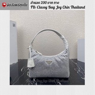 [งานออ ริ]🔥 ปรา ด้า คริสตัล  nylon mini-bag with crystals สีขาว 22cm.🔥ภาพถ่ายงานจริงทุกภาพค่ะ