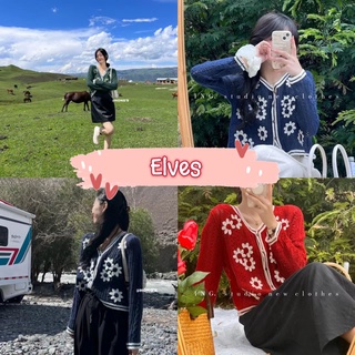 Elves✨พร้อมส่ง✨ เสื้อถักไหมพรมแขนยาว คอกลมลายปักดอกไม้น่ารัก ~1991~