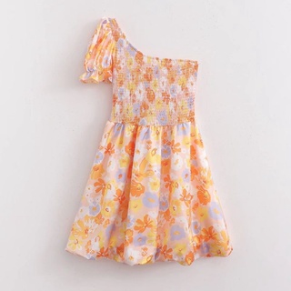 พร้อมส่ง เดรสสั้นไหล่เบี่ยงลายดอก เดรสไปทะเล D105