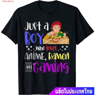 ผ้าฝ้าย 100%เสื้อยืดผู้ชายและผู้หญิง Just A Boy Who Loves Anime Ramen And Gaming Gamer Anime T-Shirt Short sleeve T-shir