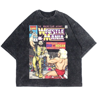 เสื้อยืดผ้าฝ้ายพิมพ์ลายเสื้อยืดแขนสั้น พิมพ์ลาย WRESTLEMANIA SID VS HOGAN ขนาดใหญ่ สําหรับผู้ชาย