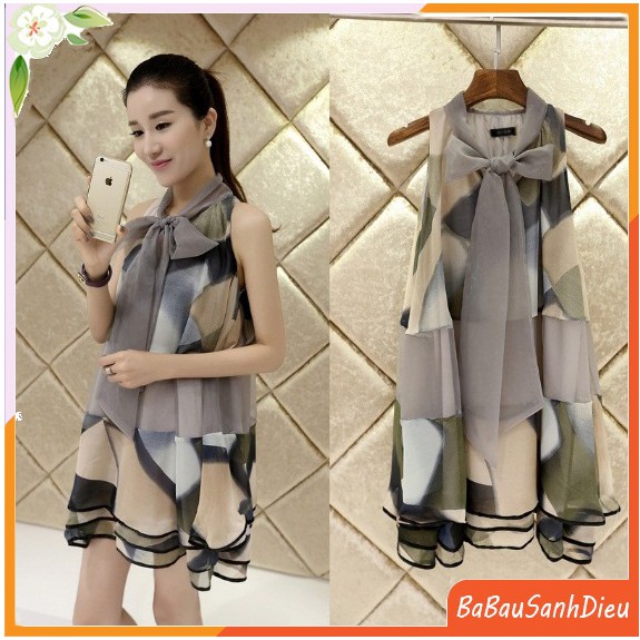 ชุดคลุมท้องผ้าชีฟองแขนกุด 2 ชั้นคอปกโบว์ VB99H