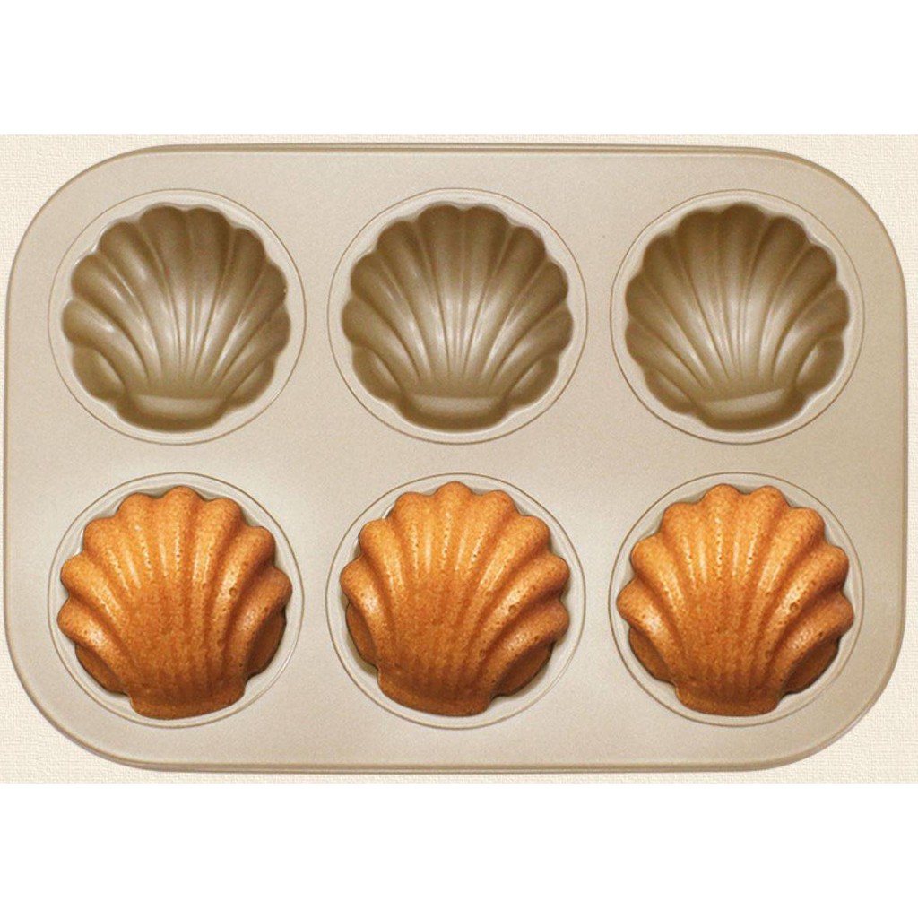 ถาดอบขนม พิมพ์ขนมเค้ก 6 หลุม เคลือบ Non-stick ลายหอยShell  สีทอง - รูปที่ 3