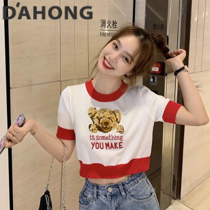 Dahong 7201 เสื้อ​ไหมพรม​แขน​สั้น ​Teddy bears เกาหลี​น่ารัก​มาก​ๆ งานไหมพรม เสื้อยืดคอกลม