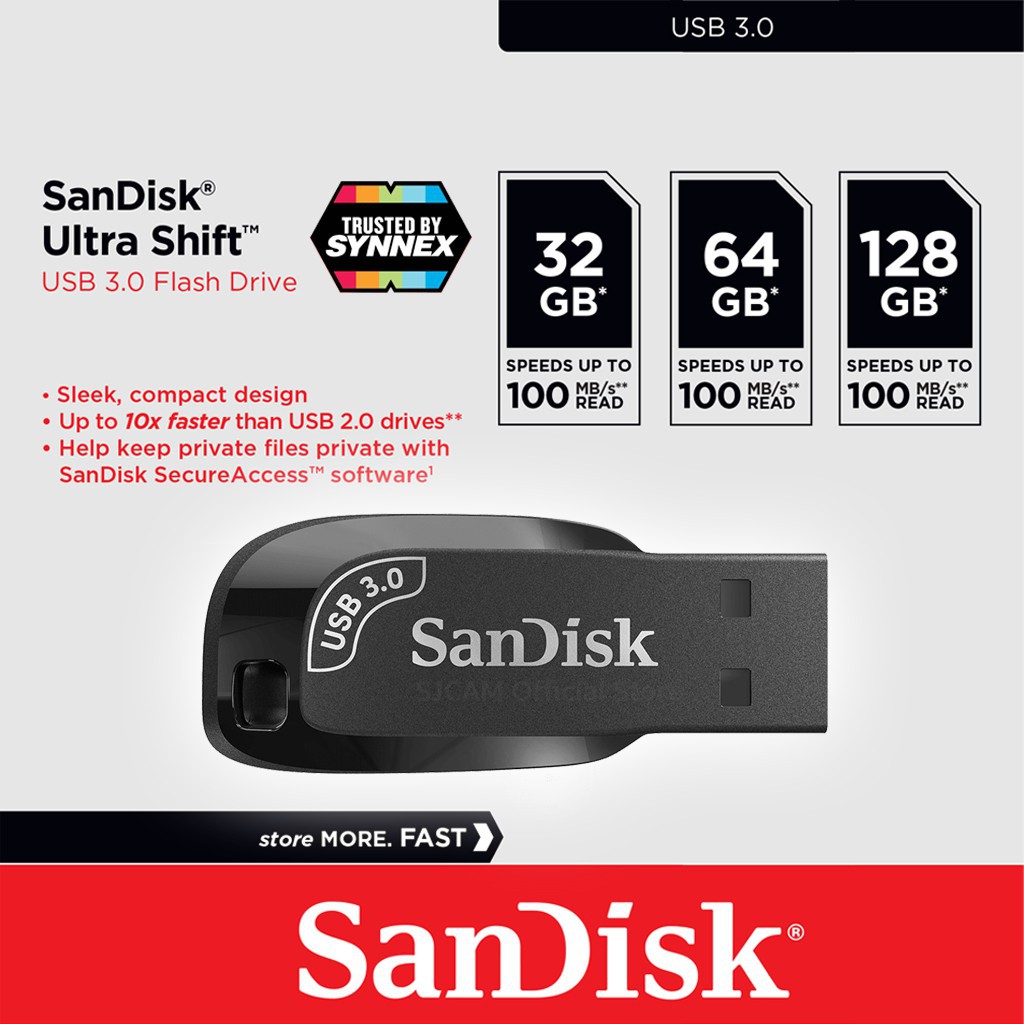 [ประกัน 5 ปี] SanDisk Ultra Shift 32GB 64GB USB 3.0 Flash Drive, CZ410 32GB, USB3.0 Flashdrive Usb