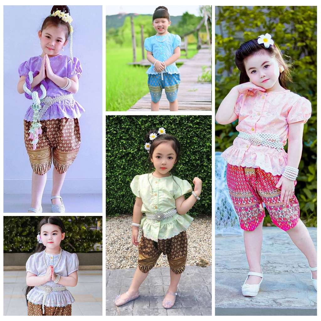 ชุดไทยเด็กผู้หญิง ชุดไทยภีรนีย์เด็ก เสื้อเป็นผ้าฉลุลูกไม้ทั้งตัว สีหวานๆ ลายสวยๆไม่คัน กระดุมไม้จริง เสื้อ โจงกระเบน