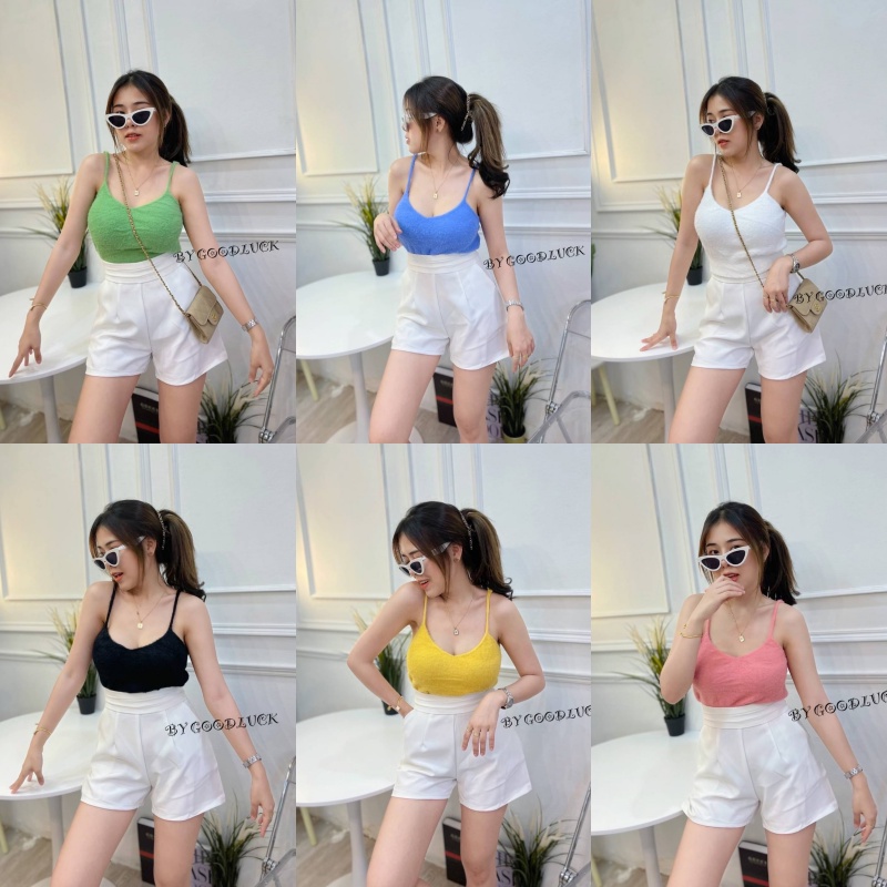 SpinnyHouse เสื้อกล้าม เสื้อสายเดี่ยว ครอป ผ้ายืดเยอะ+นิ่ม เสื้อกล้ามขนมิ้ง รุ่น สายเดี่ยวขนมิ้ง E103F