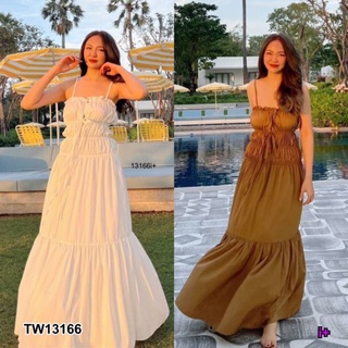 TW13166 ชุดเดรสยาวสายเดี่ยว สวยๆ น่ารักๆ สีขาว น้ำตาล ใส่ไปทะเล คาเฟ่ ชิลริมหาด