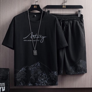 Cod M-5Xl ชุดเสื้อยืดกางเกงขาสั้นสองชิ้นแฟชั่นฤดูร้อนสําหรับผู้ชาย