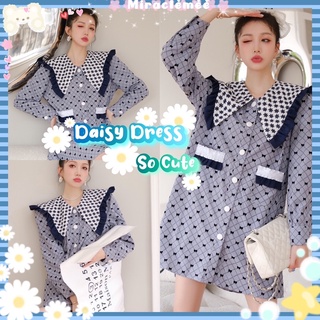 Daisy Dress พร้อมส่ง เดรสคอบัวลายดอกเดซี่ พิมพ์ลายโบว์ แขนยาว โทนสีน้ำเงิน ทรงใหญ่ oversize เดรสกระโปรง งานป้าย