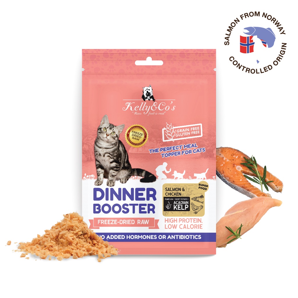 เคลลี่แอนด์โค ดินเนอร์บูสเตอร์ โกลด์ ท๊อปเปอร์ แซลมอนแอนด์ชิ้กเก้น สำหรับแมว 50 g.