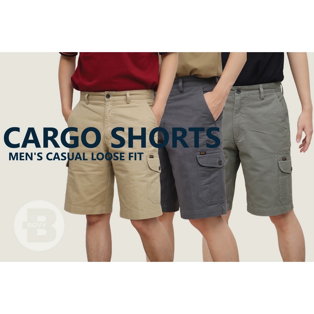 BOVYJNS SHORT - กางเกงขาสั้นคาร์โก้ทรงใหญ่ กว้าง  MEN'S CASUAL สีเทา,ครีม,เขียวขี้ม้า,กากี BS-5020