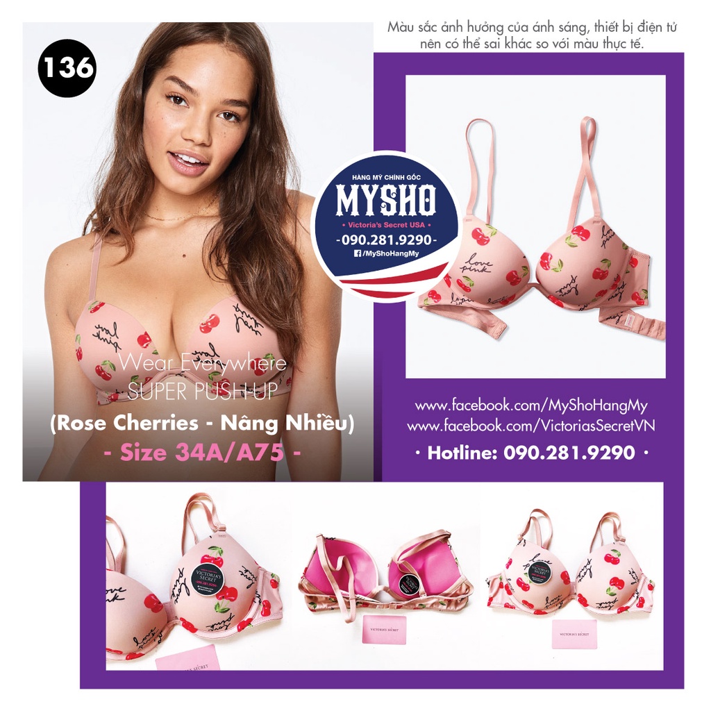 [Size 34A/A75 - 136] Wear Everywhere Super Push-up Bra (Rose Cherries - High Lift)