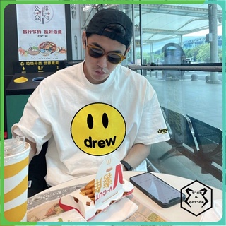 เสื้อยืดแขนสั้น พิมพ์ลายโลโก้หน้ายิ้ม Drew สไตล์สตรีท แฟชั่นสําหรับผู้ชาย ผ้าฝ้าย 100%