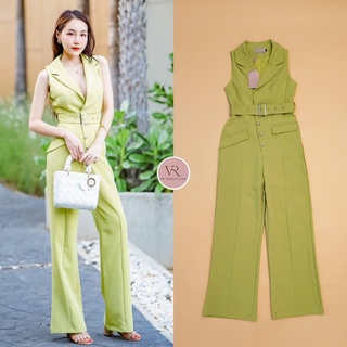 Jumpsuit​ แขนกุด ขายาว คอปก แต่งทบด้านหน้า แต่งกระดุมกางเกงด้านหน้า และกระเป๋าทั้ง2ข้าง