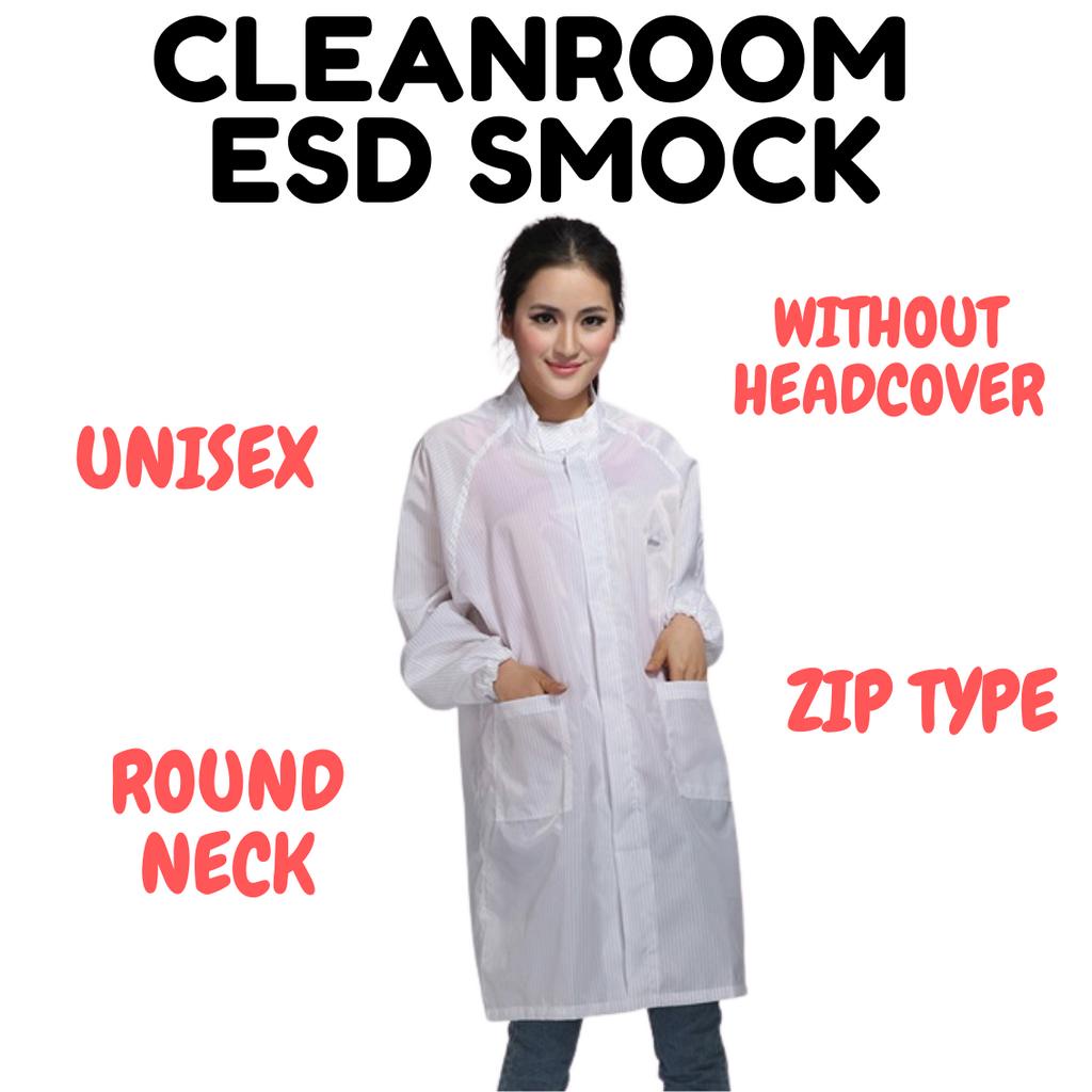 CAMSTERILE GRID ESD Smock ไม่มี Headcover Workwear Lab เครื่องแบบรอบคอซิปประเภท Unisex สีขาว