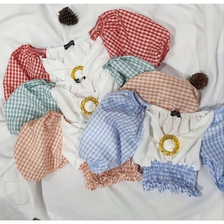 เสื้อครอปวินเทจแต่งแขนลายสก๊อต สม๊อคเอว
