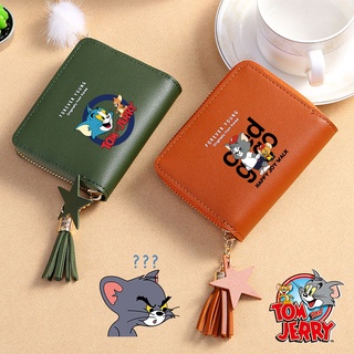 กระเป๋าสตางค์ ใบสั้น แต่งพู่ ลายการ์ตูน Tom and Jerry น่ารัก มีซิป สําหรับใส่เหรียญ บัตร