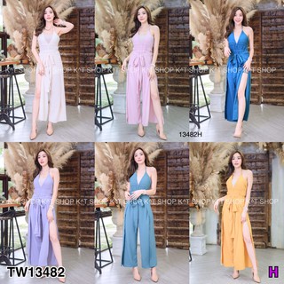 J13482 Jumpsuit จั๊มสูทขายาว สายเดี่ยว ด้านหน้า คอและหลังแต่งสายผูกโบว์