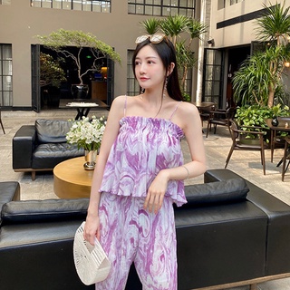 CCkoss ชุดเซ็ต 2 ชิ้น เซ็ต 2 ชิ้น เสื้อสายเดี่ยว พิมพ์ลายปาดไหล่ ทรงปาดไหล่ ทรงสวยหวาน