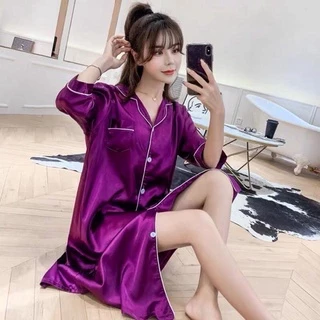 ชุดนอนกระโปรงเเขนยาว ผ้าซาติน 12สีพร้อมส่ง ราคาถูกที่สุดใน shoppee.1807