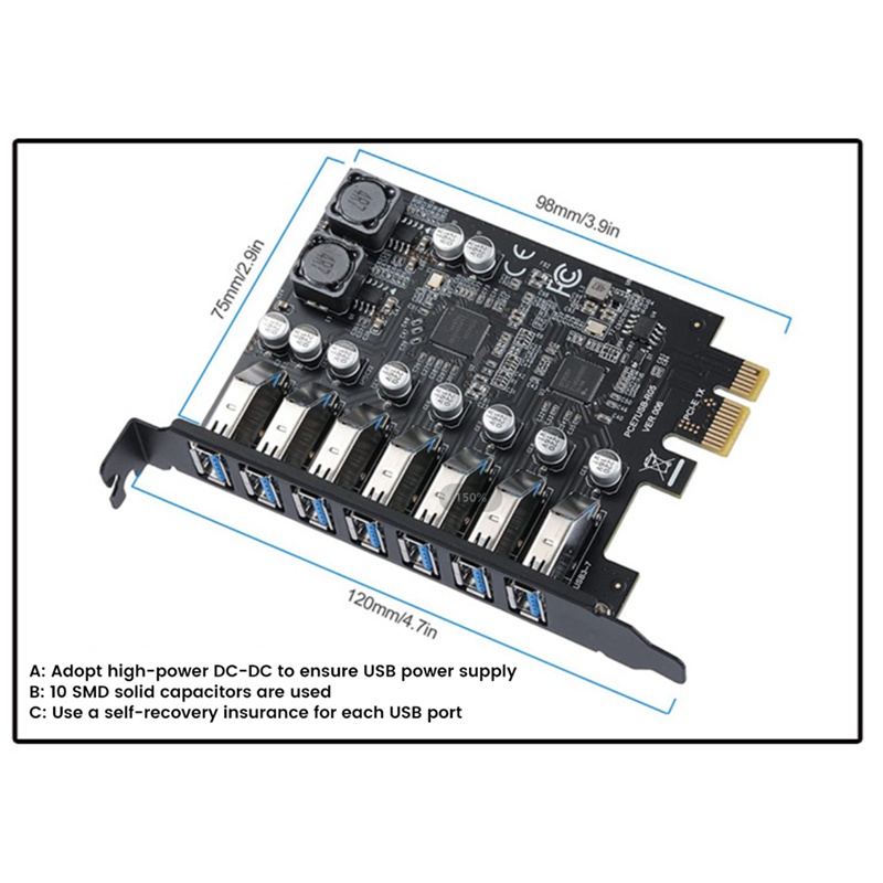 อะแดปเตอร์การ์ดขยาย USB 3.2 Pci Express Pci E เป็น 7 พอร์ต USB3 Gen1 Pci-E Extender Pci Express Card #7