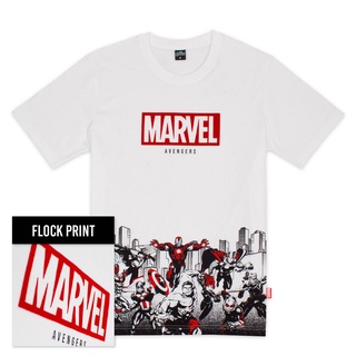 HH Marvel Avengers Men Flock Print Logo -T-Shirt เสื้อยืดผู้ชายมาร์เวล ลายโลโก้อเวนเจอร์ คอกลม