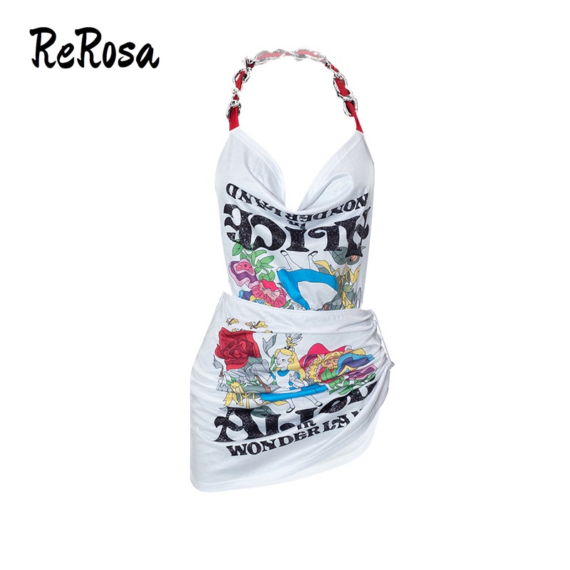 Rerosa ชุดเดรสกระโปรง สายโซ่คล้องคอ พิมพ์ลาย สําหรับสตรี
