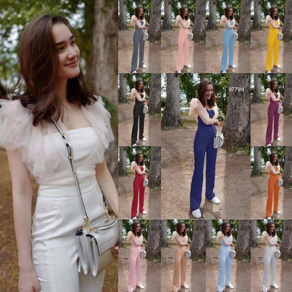 TwinsShopVip พร้อมส่ง TW9779 Set เสื้อกึ่งเกาะอก+กางเกงขายาว