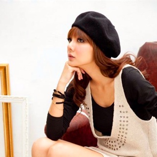 Wool beret beanie hat (black)