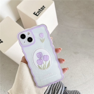 เคสโทรศัพท์มือถือ ซิลิโคน ลายดอกทิวลิปสีม่วง พร้อมสายคล้องมือ สําหรับ Iphone 13promax 678plus xs xr 11 14pro 12mini