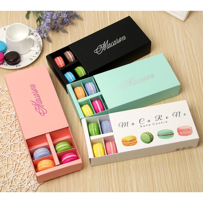 กล่องมาการอง พิมพ์ลาย 6/12 ช่อง สีขาว สีชมพู สีดำ 5.2x20.2x5.2 ซม. กล่องช็อคโกแลต กล่องคุกกี้ ของขวัญ MA06
