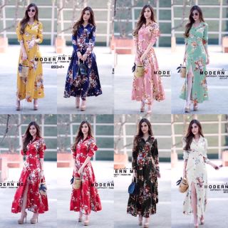 MF8513🍓
MaxiDress แม็กซี่เดรสเชิ้ตยาว แขนยาว ผ้าโฟร์เว พิมพ์ลายดอกไม้ ติดกระดุมหน้ายาวลงไปถึงชาย งานสวย