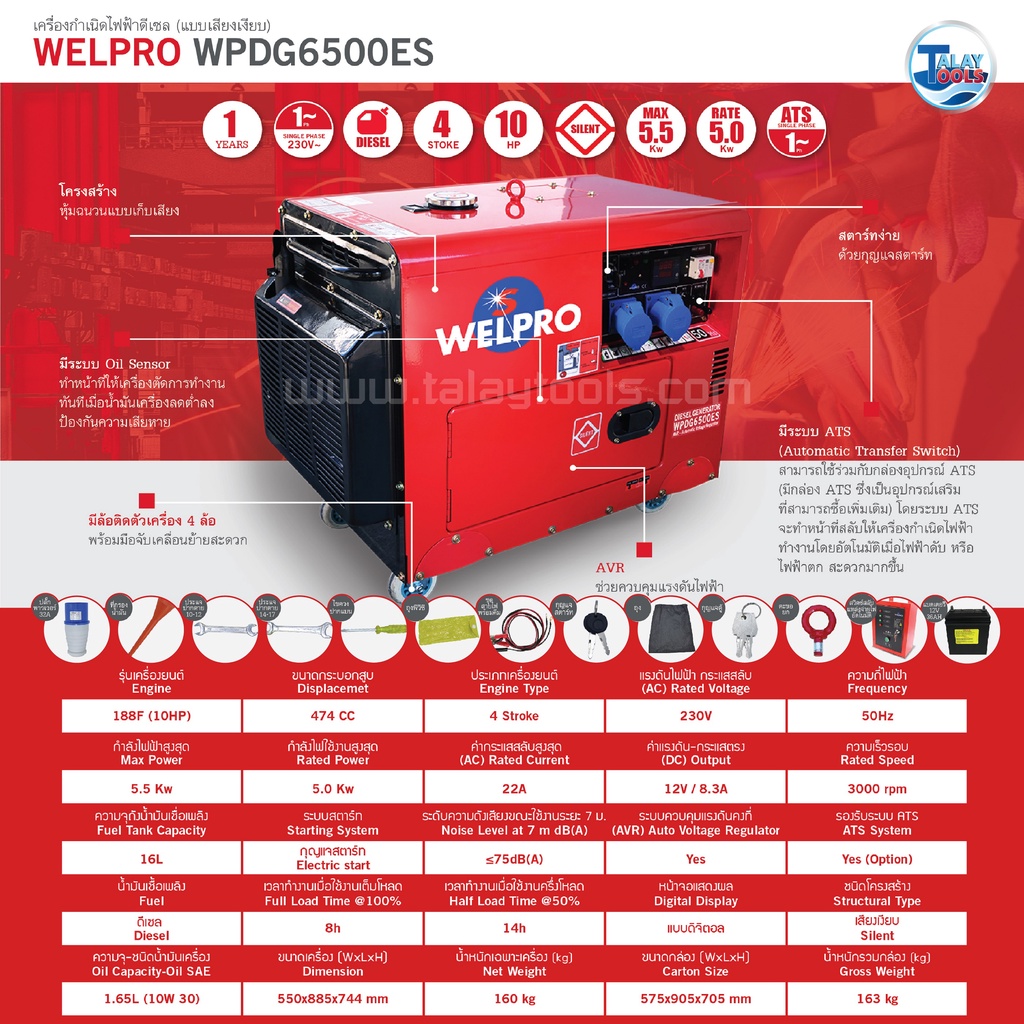 เครื่องปั่นไฟ  เครื่องกำเนินไฟฟ้าดีเซลเเบบเสียงเงียบ WELPRO ( รุ่น WPDG6500ES ) ของเเท้ TalayTools