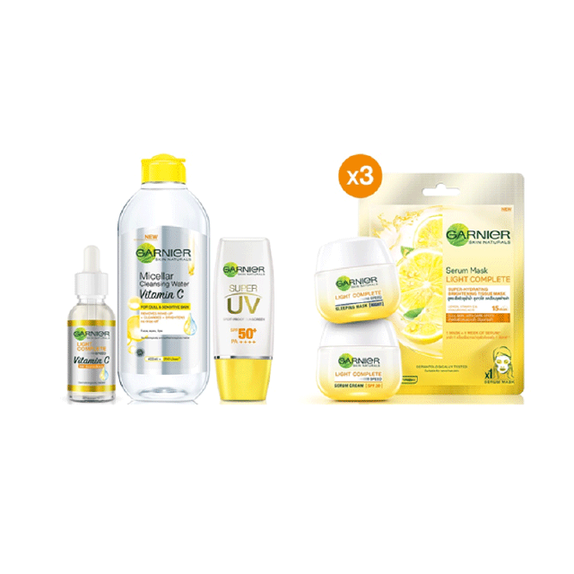 การ์นิเย่เซ็ตกระจ่างใสไกลจุด3+5 ชิ้น Garnier Light Complete set 3+5 pcs ( เซรั่ม,เดย์-ไนท์ครีม,ไมเซล่า,ครีมกันแดด,มาส์ก)