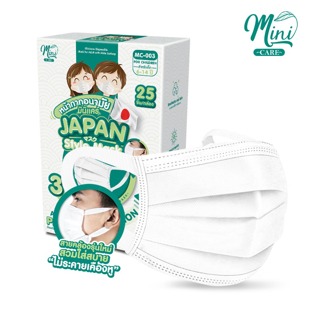 Minicare หน้ากากอนามัย แมสเด็ก สไตล์ญี่ปุ่น หน้ากากกันฝุ่นPM2.5 กรอง3ชั้น แบบกล่อง 25 ชิ้น ไซส์เด็ก6-14ขวบ MC-003