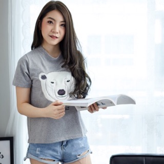 เสื้อครอป Crop แขนสั้น งานปัก ลาย หมีขาว Polar Bear ผ้านิ่ม COTTON 100%