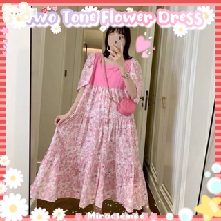 Two Tone Flower Dress เดรสลายดอกไม้จิ๋ว สีทูโทน แขนสั้น คอกลม เดรสยาวลทยดอกไม้ งานป้าย