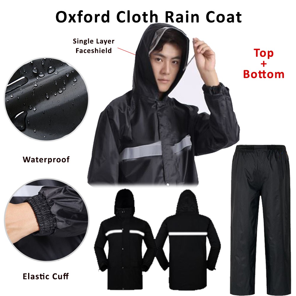 พรีเมี่ยมสีดําผ้า Oxford กันน้ํา Rain Coat Jacket ชุดผู้ใหญ่ Baju Hujan เสื้อกันฝน Jas Jaket Hujan ม