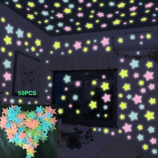 ( 50 ชิ้น 3 D Stars สติ๊กเกอร์เรืองแสงที่มืด Diy สําหรับติดตกแต่งผนังบ้าน