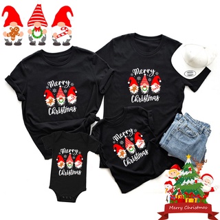 เสื้อยืดผ้าฝ้าย เสื้อยืดคริสต์มาสChristmas Gnome Cute Family Black Tee Set Christmas T-shirt Family Matching Outfits Set