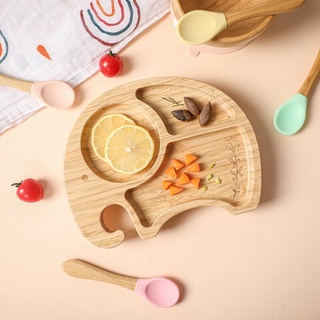 1 Pc Baby Wooden Tableware Natural Bamboo Plate Feeding Tray Silicone Suction Cup Non-Slip BPA Free Tableware