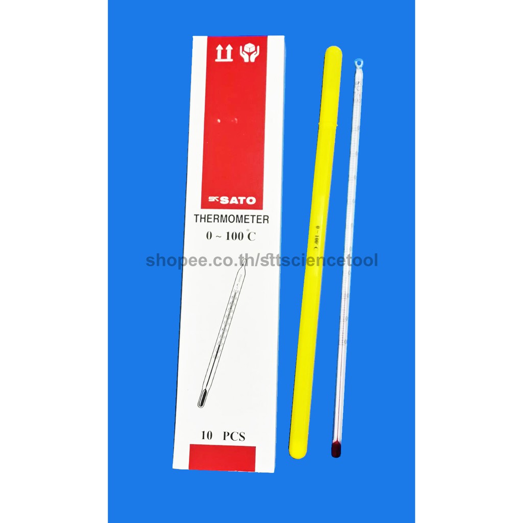 เทอร์โมมิเตอร์ แก้ว 0 – 100 องศา สีแดง(แอลกอฮอล์) 30 ซม. ยี่ห้อ SK-SATO ใช้วัดอุณหภูมิเท่านั้น