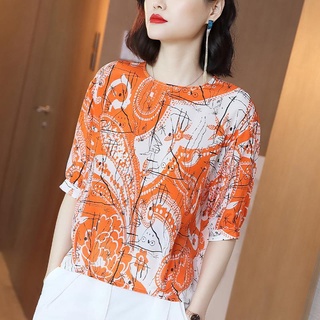 ℗Kitz พิมพ์เสื้อผู้หญิงกลางแขนหลวม 2020 ใหม่ผ้าไหมเทียมลำลองเสื้อฤดูร้อนอารมณ์เสื้อ [จัดส่งภายใน 15 วัน]