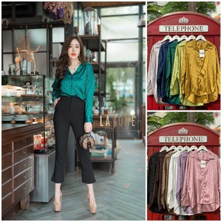 📌Lalune ขาว ดำ ชมพู น้ำตาลทอง ม่วง น้ำตาลเข้ม ครีม เสื้อเชิ้ตพิมพ์ลาย ผ้าซาติน งานแบรนด์Lalune
