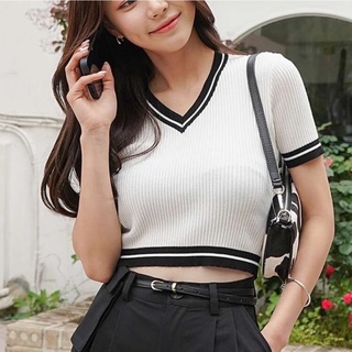 Kily.PH Korean Cotton Knitted V Neck Ringer Garter Crop Top Shirt 6A0178