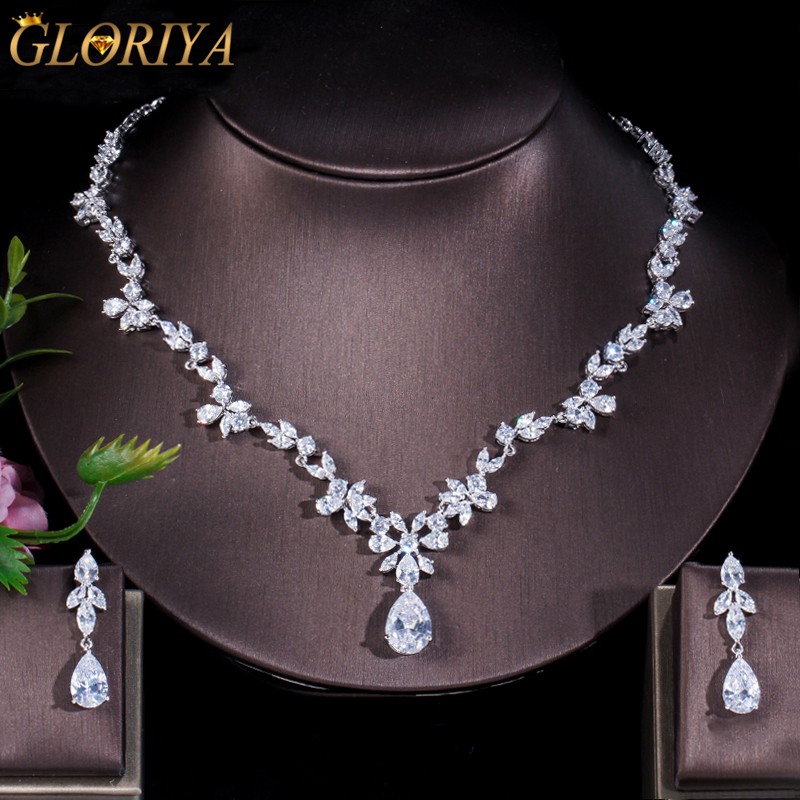 ชุดแต่งงานที่สวยงาม Jewellery ชุด AAA CZ คริสตัลดอกไม้จี้สร้อยคอชุดต่างหูเจ้าสาวชุดGloriyaJS013